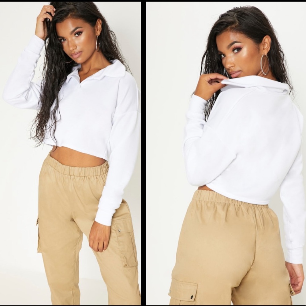 NWOT Pretty Little Thing White Long Sleeve Polo Crop Top Size 0